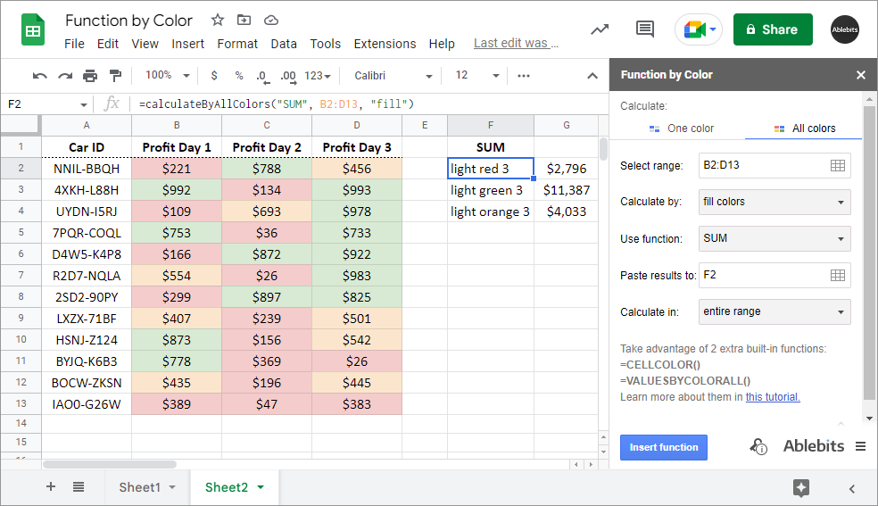 Check all fill colors & sum all related cells