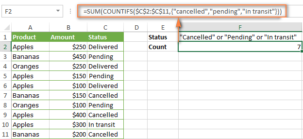 A more compact formula to count cells with multiple criteria and OR logic