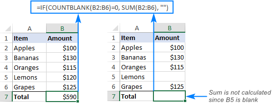 Sum if all cells in a range are not blank