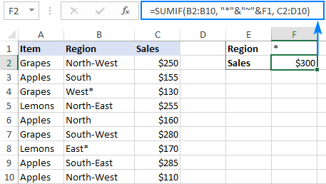 SUMIF formula with an asterisk as criteria