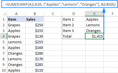 SUMIF formula with array constant to sum cells with multiple OR criteria