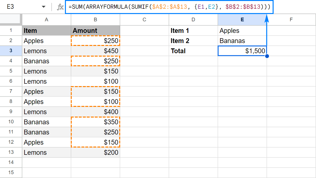 Sum cells with multiple OR criteria and output a total into one cell.