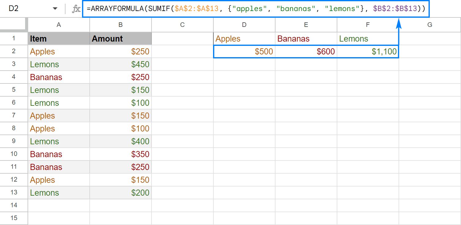 Sum with OR criteria and get sub-totals in separate cells.