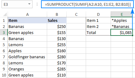 SUMIF using multiple criteria with wildcards