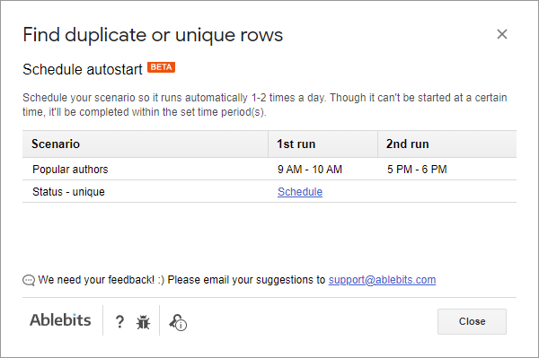 See each scenario schedule + scenarios that are not set for autostart.