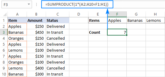 SUMPRODUCT formula to count cells with OR logic