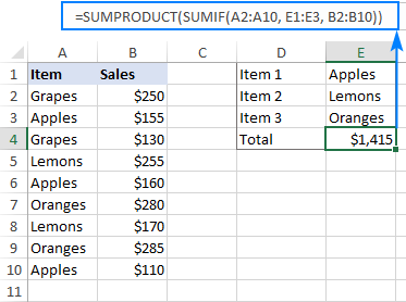 SUMPRODUCT and SUMIF to sum cells with multiple OR conditions