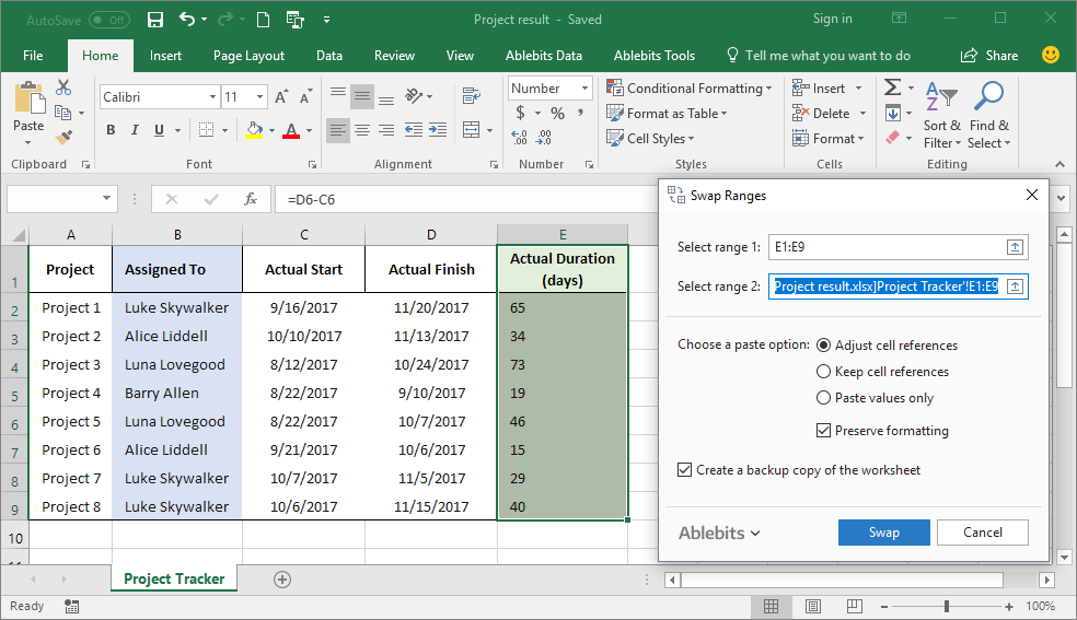 Swap ranges between two workbooks