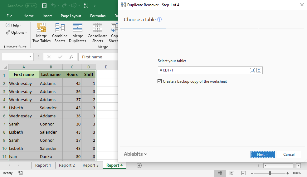 Select the table to search for duplicates