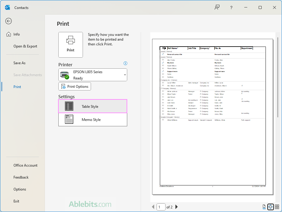 Outlook contacts table style