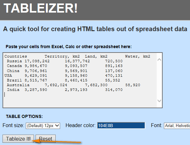 TABLEIZER - free and simple Excel to HTML online converter