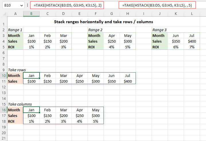 Stack ranges horizontally and take rows or columns.