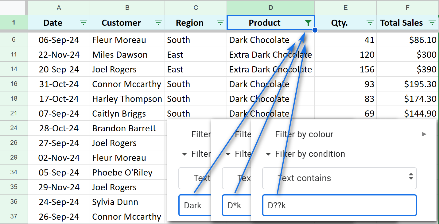 Same result, 3 different filtering options with wildcard characters.