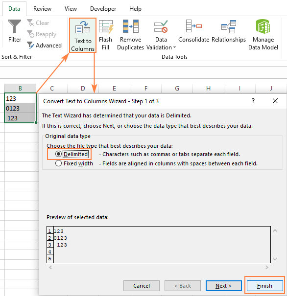 Convert string to number with Text to Columns.