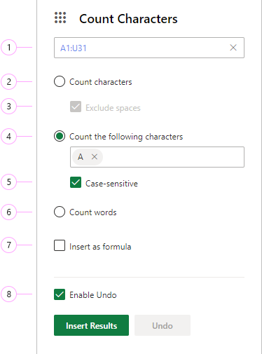 The Count Characters pane.