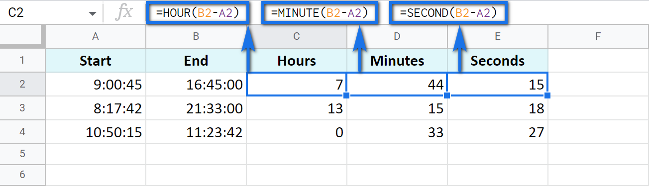 Special functions to calculate hours, minutes, or seconds only.