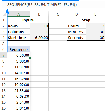 Formula to create a time sequence in Excel with any increment step size