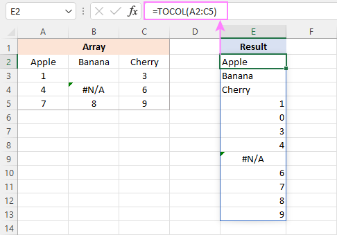 Basic TOCOL formula in Excel