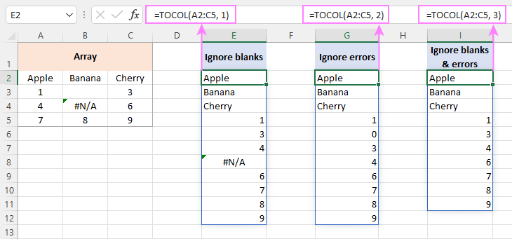 Convert a range into a column ignoring blanks and errors