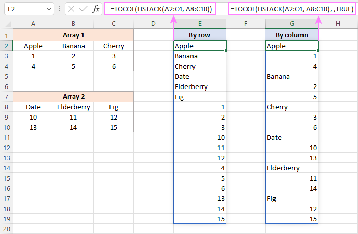 TOCOL and VSTACK formula to combining multiple ranges into one column.