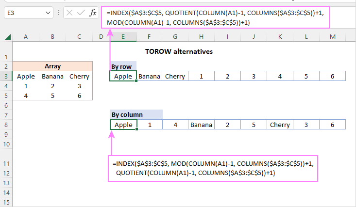 Convert a two-dimensional range to a single row in Excel.