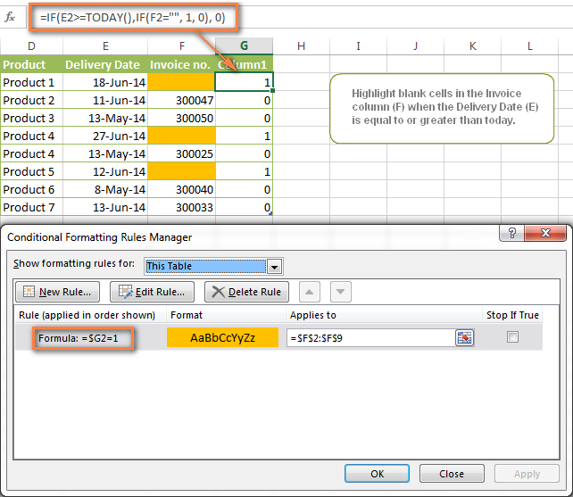 Excel conditional formatting rule to highlight blank cells in the Invoice column when the Delivery Date is equal to or greater than today.