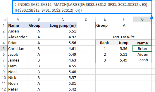 Formula to find top values in Excel with criteria