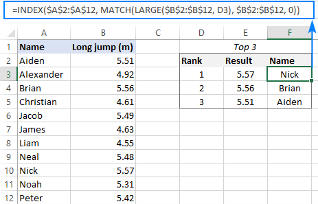 Formula to get matches of largest 3 values