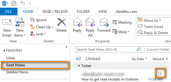  Go to the Sent Items folder to open the message that you sent with a request for a delivery or read receipt