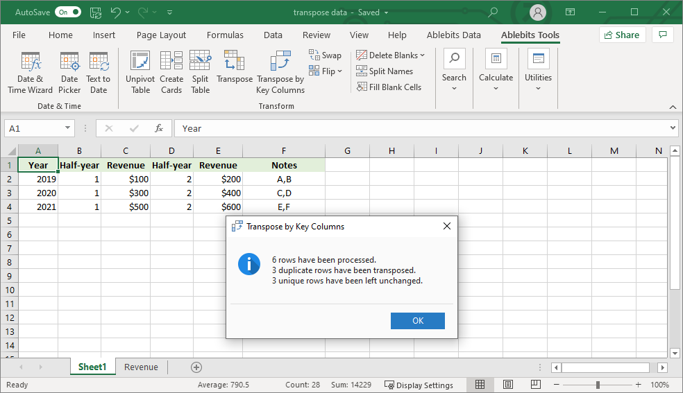 Enjoy the result: some columns are transposed, and some are merged!