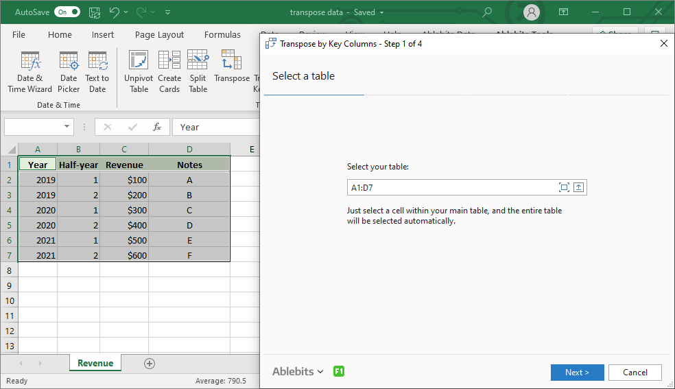 On Step 1, simply select the table to process