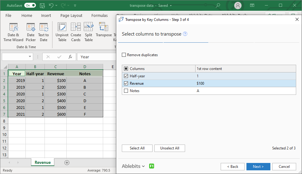 On the third step, tick off the columns you want to get transposed (if there are any)