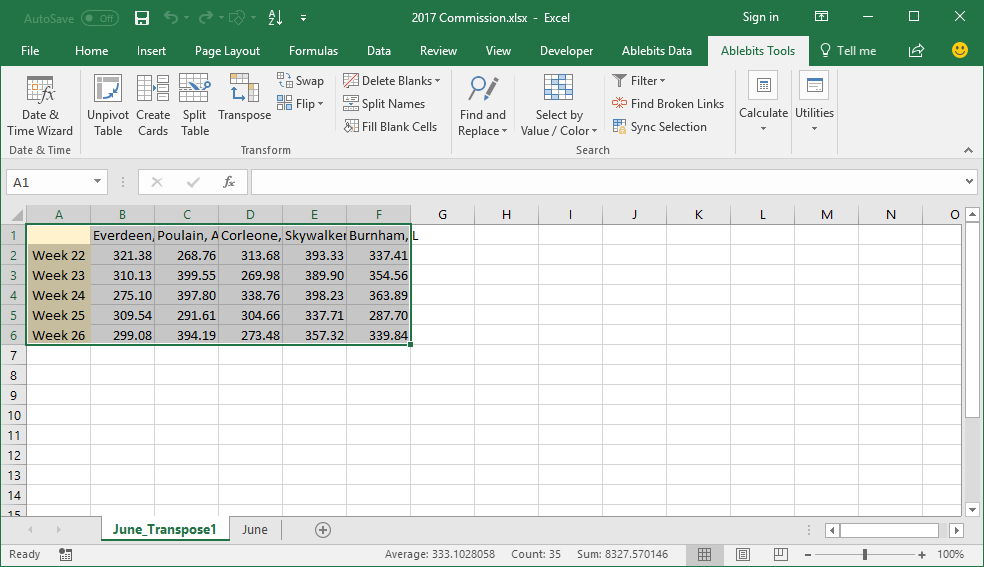 The transposed table is inserted into the new worksheet