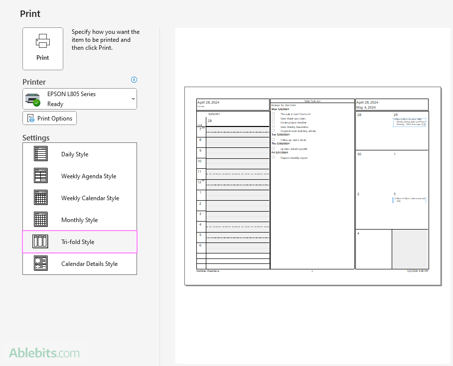 Outlook calendar tri-fold style