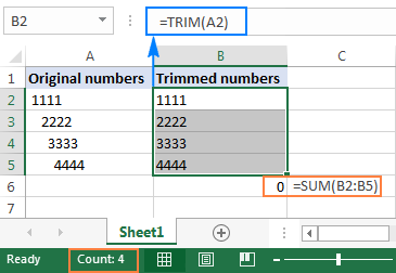 The TRIM function does not remove spaces before numbers correctly.