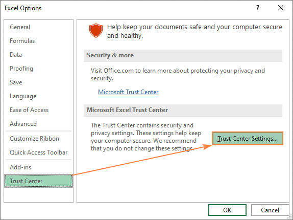 Trust Center Settings