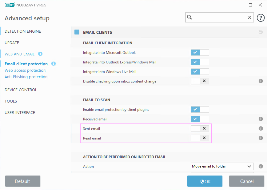 Turn off options in ESET NOD32.