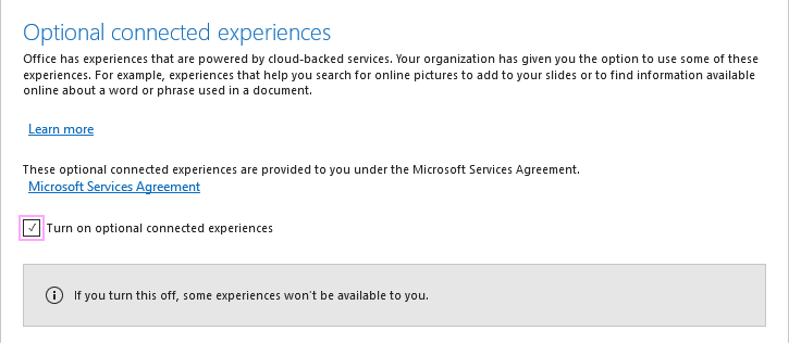 Check the Turn on optional connected experiences option.