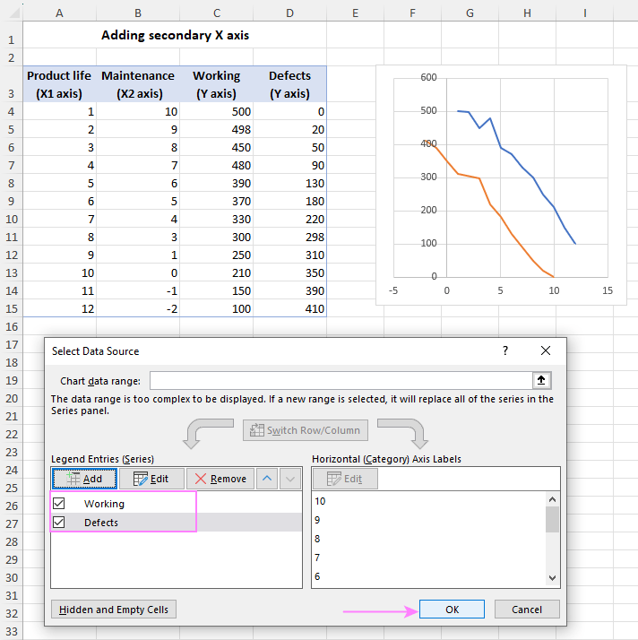 With both data series added, close the Select Data Source dialog box.