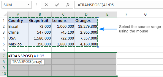 Selecting a range to transpose.