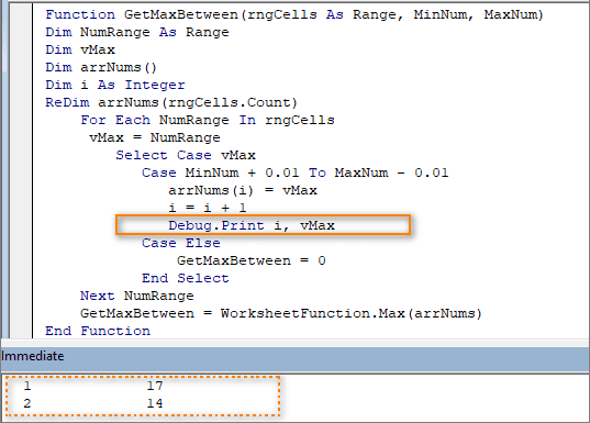 Add the Debug.Print operator to your custom function.