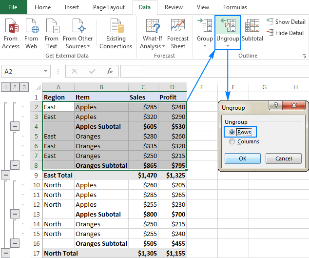 Ungrouping selected rows