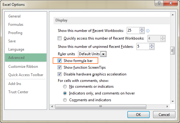 Unhide formula bar using Excel Options