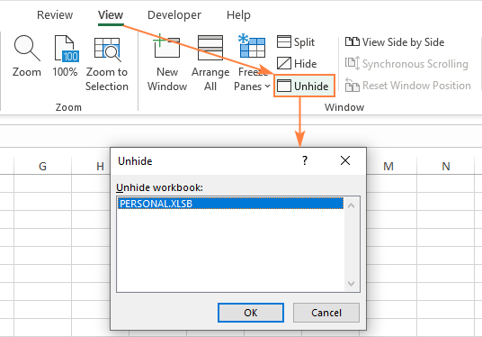 Unhide the Personal.xlsb file.