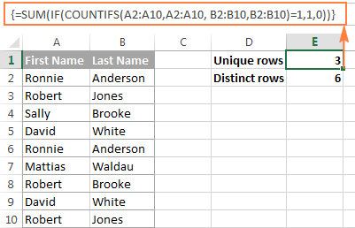 Counting unique and distinct rows in Excel