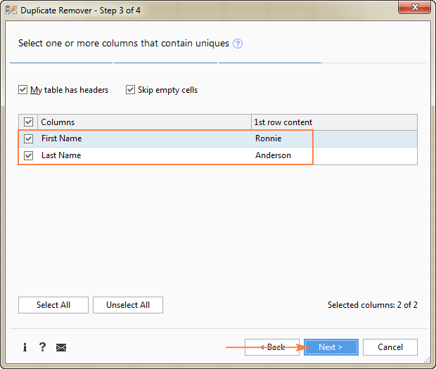 Select one or more columns where you want to check the values.