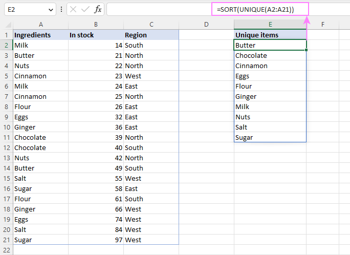 A dynamic array formula to extract unique items