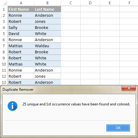 Unique values and 1<sup>st</sup> duplicate occurrences are highlighted.