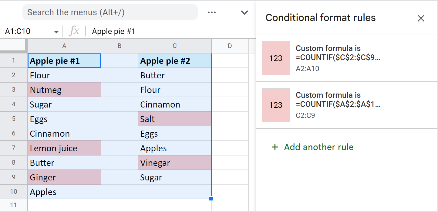 Unique ingredients for each list.