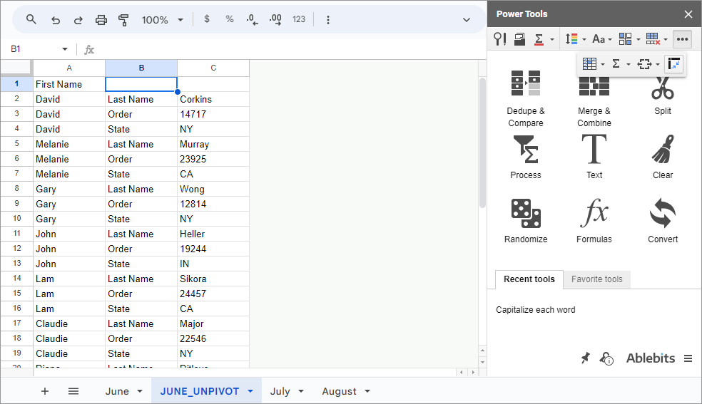 Unpivot table in Google Sheets.